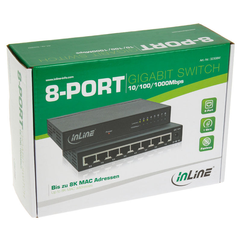 InLine Gigabit nettverkssvitsj 8-port 1 Gbit/s vifteløs montert på skrivebord