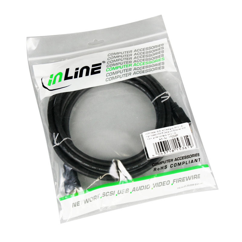 InLine HDMI-kabel High Speed med Ethernet svart 3 m detalj av kontakter