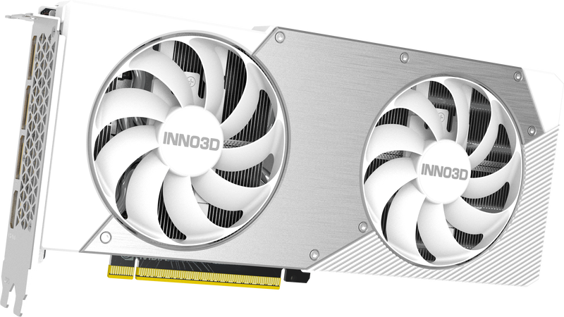 Nærbilde av INNO3D GeForce RTX 5060 Ti Twin X2 OC White kjølesystem