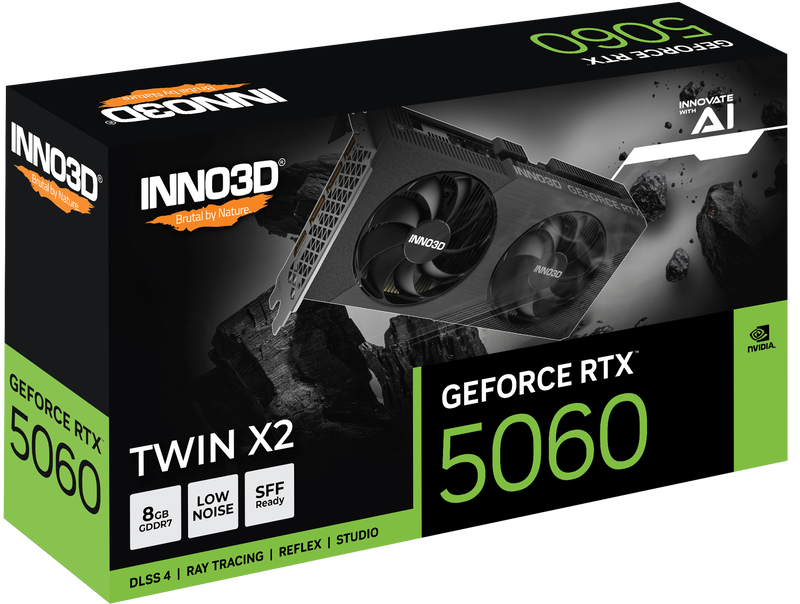 Detalj av INNO3D GeForce RTX 5060 Twin X2 grafikkort vifte