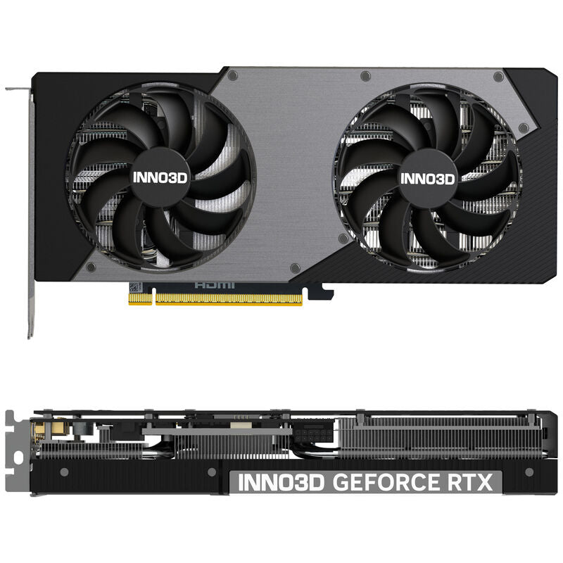 Detalj av INNO3D GeForce RTX 5070 Twin X2 grafikkort vifter
