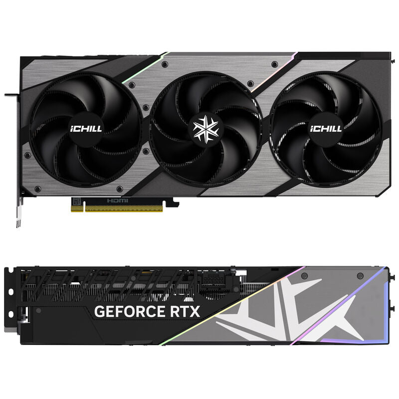 Detalj av INNO3D GeForce RTX 5090 iChill X3 RGB-belysning