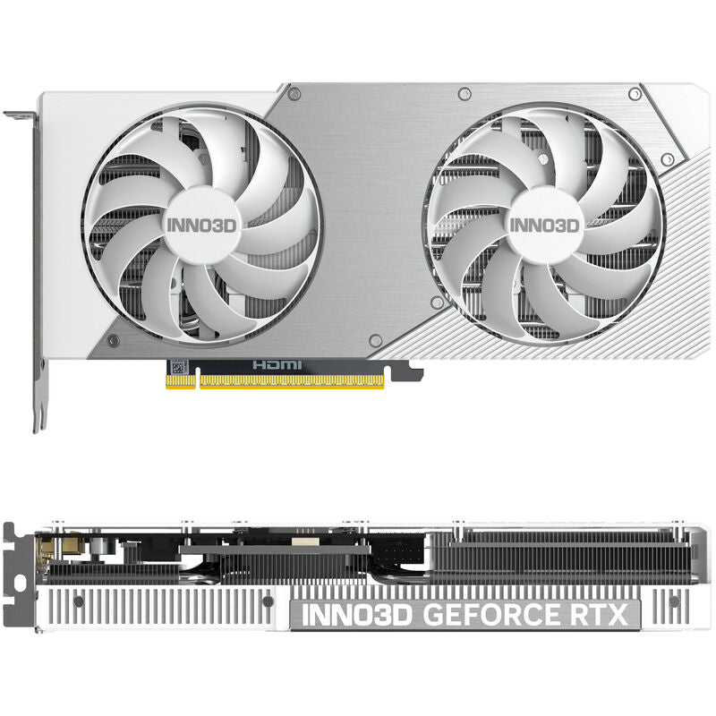 Detaljvisning av INNO3D RTX 5070 Twin X2 OC grafikkort hvit