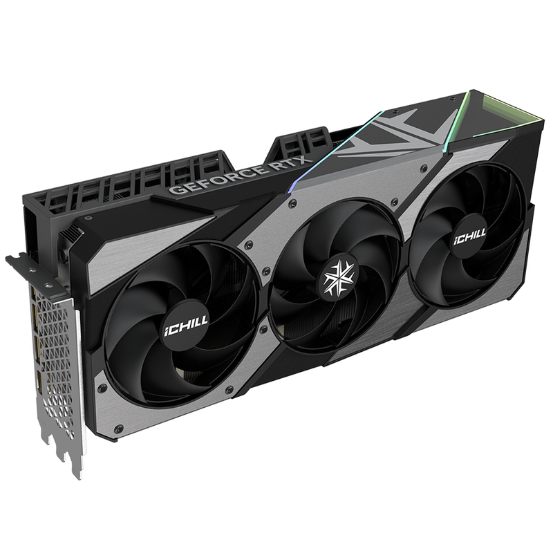 Bakside av INNO3D RTX 5080 iChill X3 grafikkort med tilkoblinger