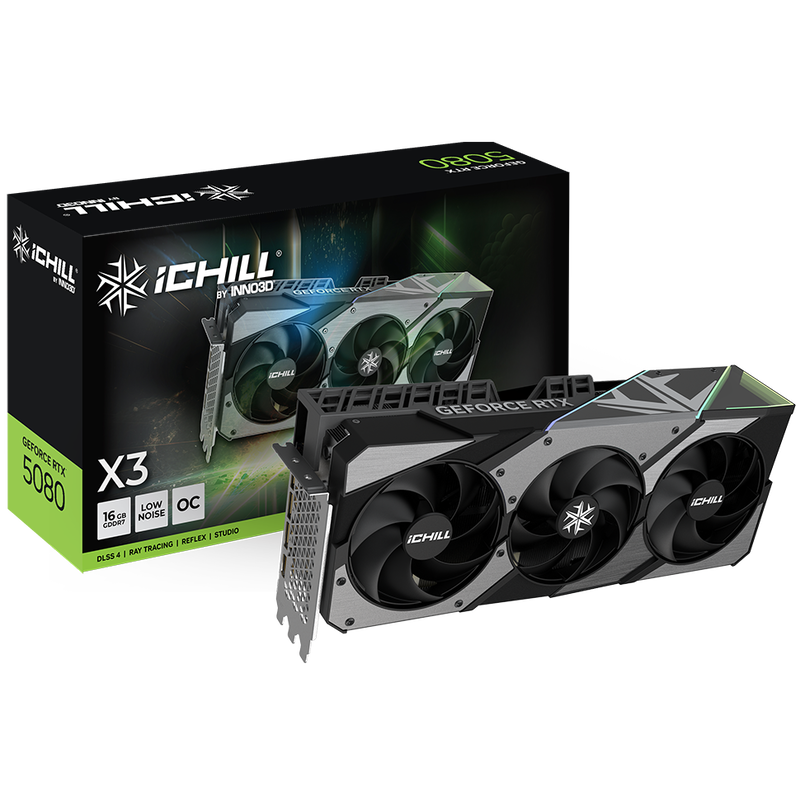 INNO3D RTX 5080 iChill X3 grafikkort forfra med RGB-belysning