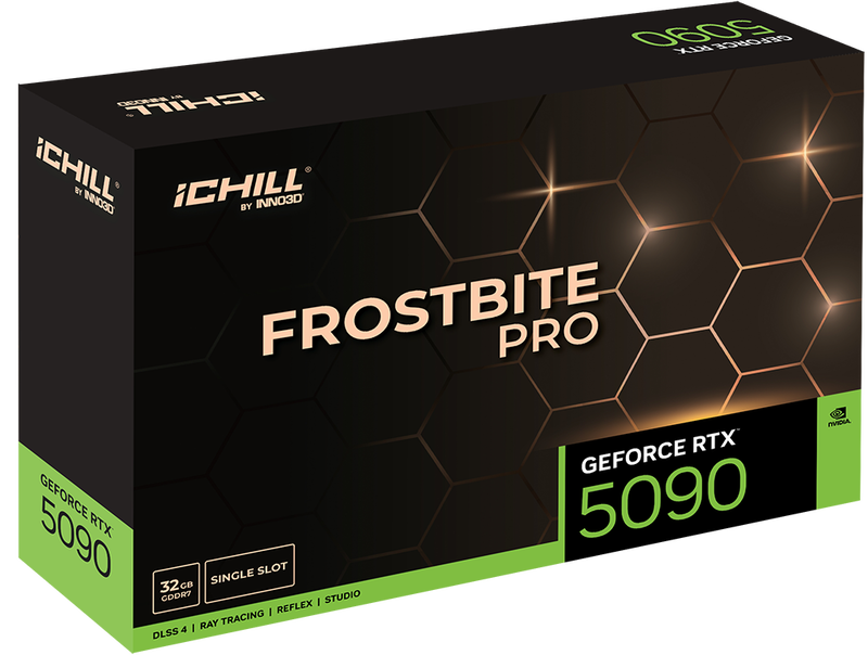 Detalj av INNO3D RTX 5090 iCHILL Frostbite Pro vannblokk
