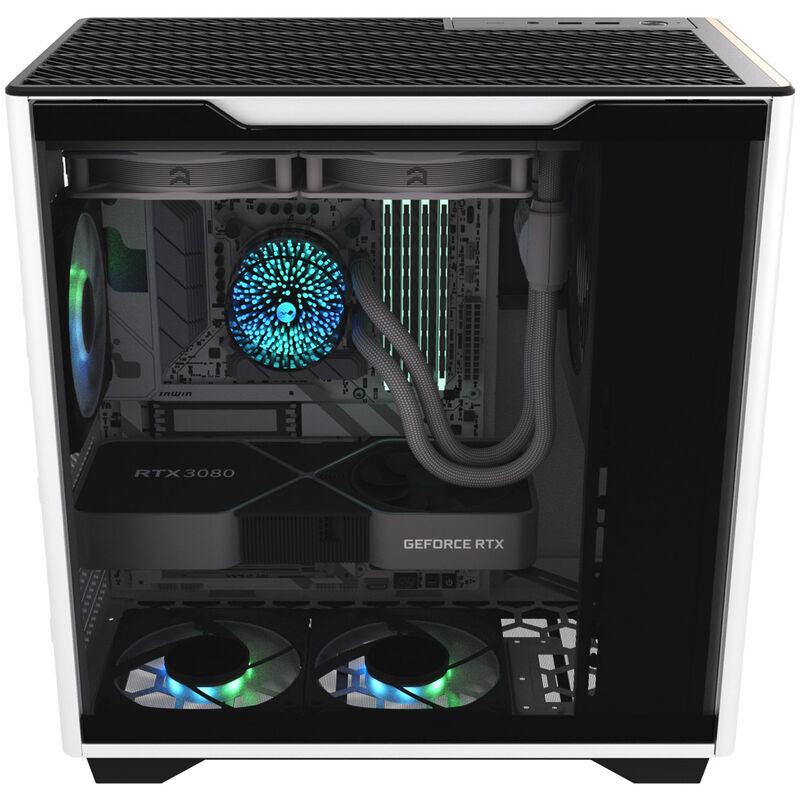 Nærbilde av InWin A5 kabinett midtårn ATX herdet glass hvit sidepanel