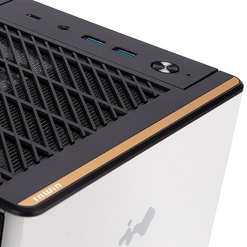 Oversikt InWin A5 kabinett midtårn ATX herdet glass hvit tilkoblinger
