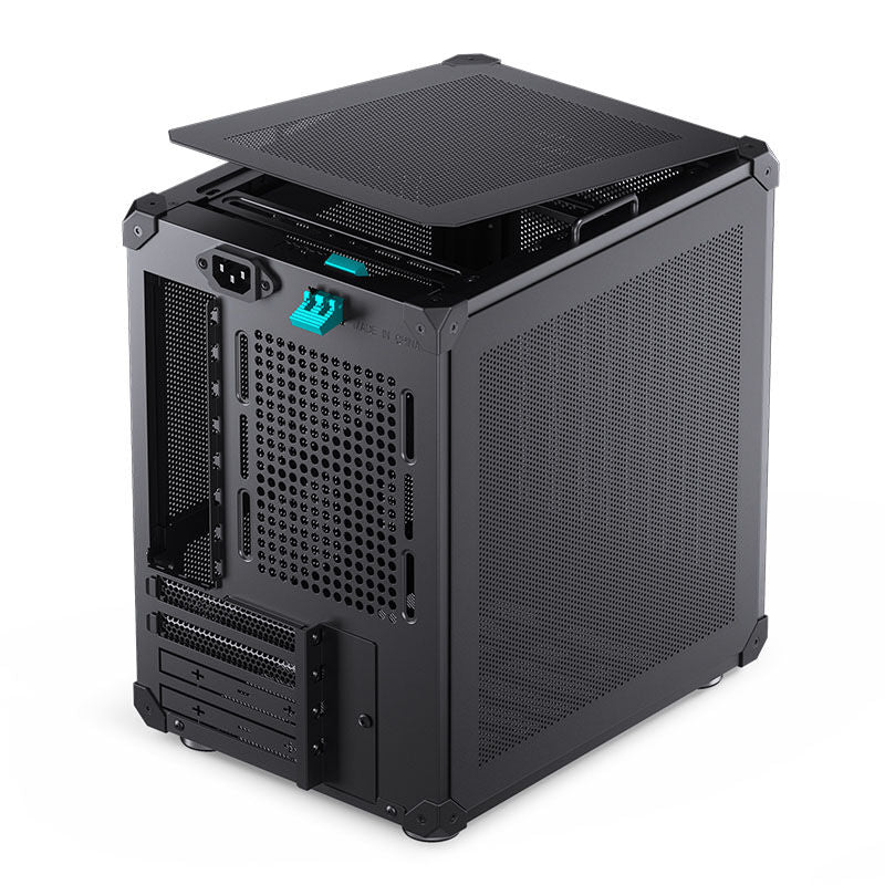 Detalj av Jonsbo C6-ITX Mini-ITX kabinett minitårn svart mesh sidepanel