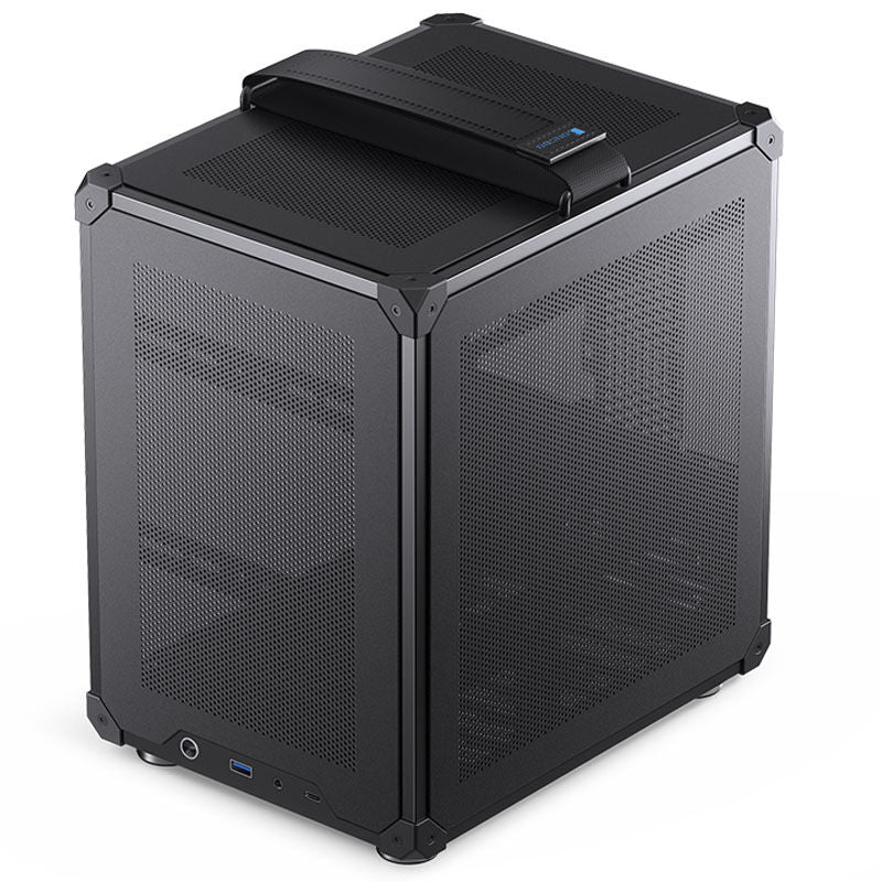 Detalj av meshpanel på Jonsbo C6 kabinett minitårn Micro-ATX med bærehåndtak svart