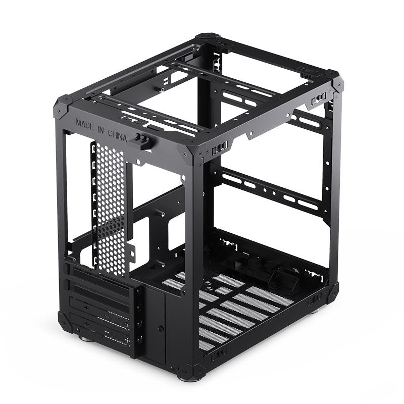 Jonsbo C6 kabinett minitårn Micro-ATX mesh svart nærbilde I/O-panel