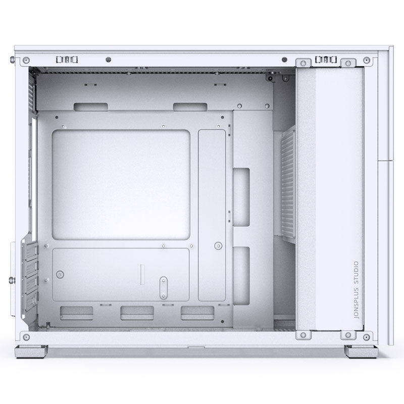 Nærbilde av Jonsbo D31 kabinett Micro-ATX herdet glass hvit