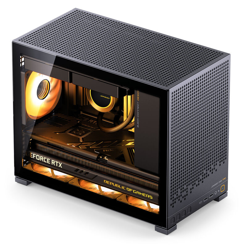 Detalj av Jonsbo D32 PRO kabinett Micro-ATX herdet glass Back-Connect svart glasspanel
