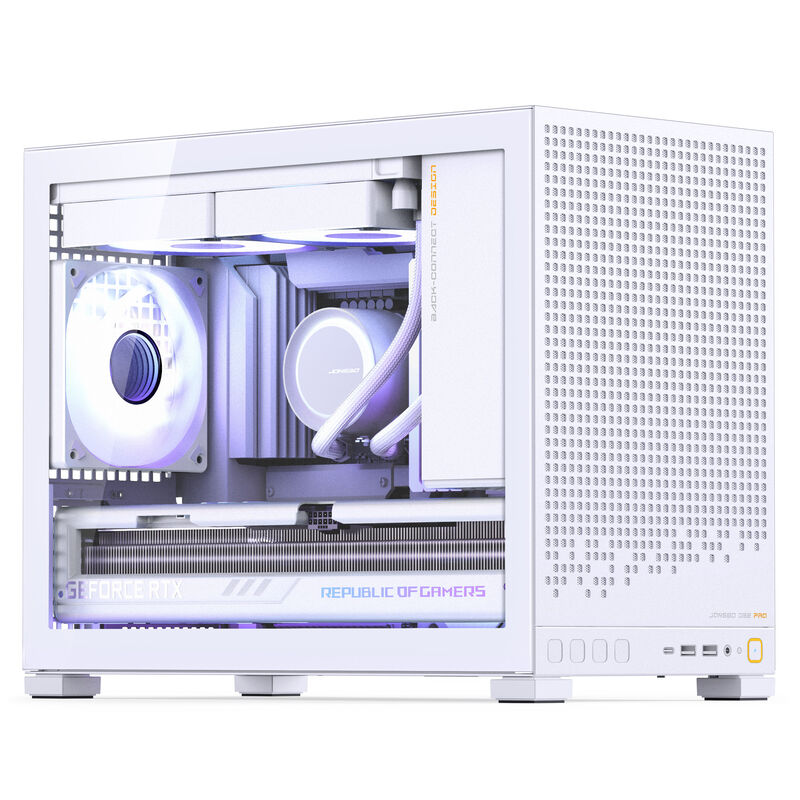 Jonsbo D32 PRO kabinett mATX herdet glass hvit nærbilde av front I/O