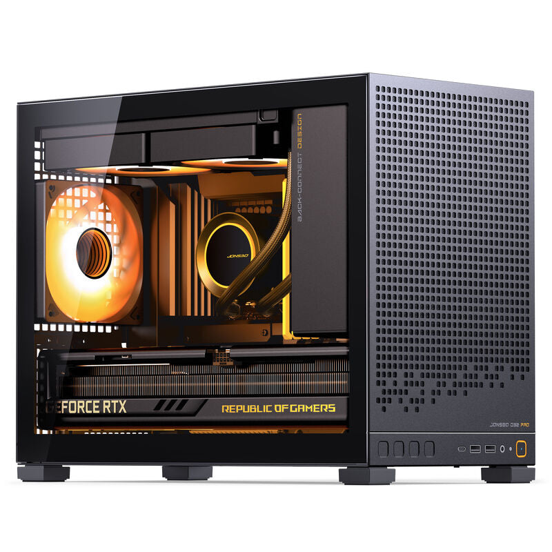 Nærbilde av ventilasjon og kabelføring i Jonsbo D32 PRO kabinett Micro-ATX herdet glass Back-Connect svart