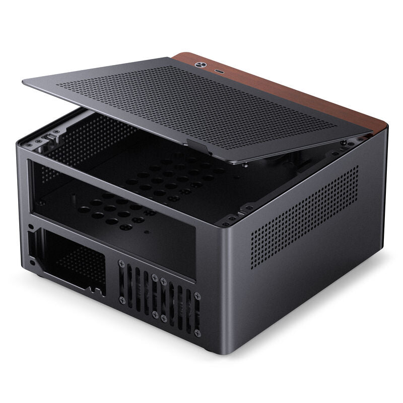 Nærbilde av frontpanel på Jonsbo N10 Mini-ITX NAS-kabinett minitårn svart