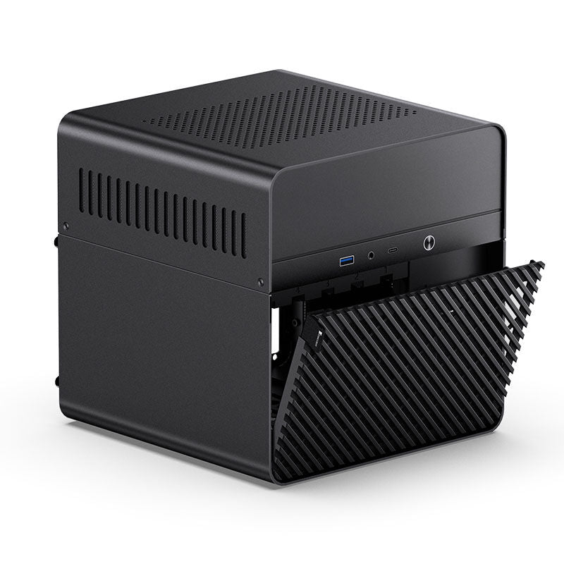 Jonsbo N2 Mini-ITX NAS kabinett svart nærbilde av frontpanel USB-C og lyd