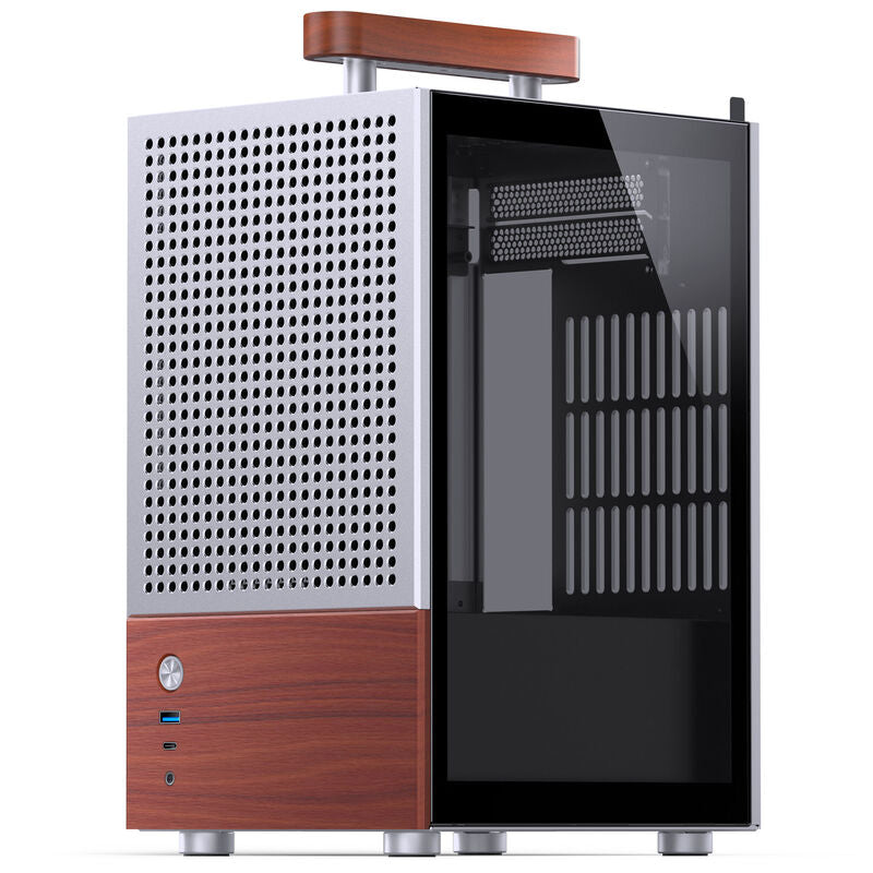 Jonsbo T6 kabinett Mini-ITX herdet glass valnøtt sølv forfra
