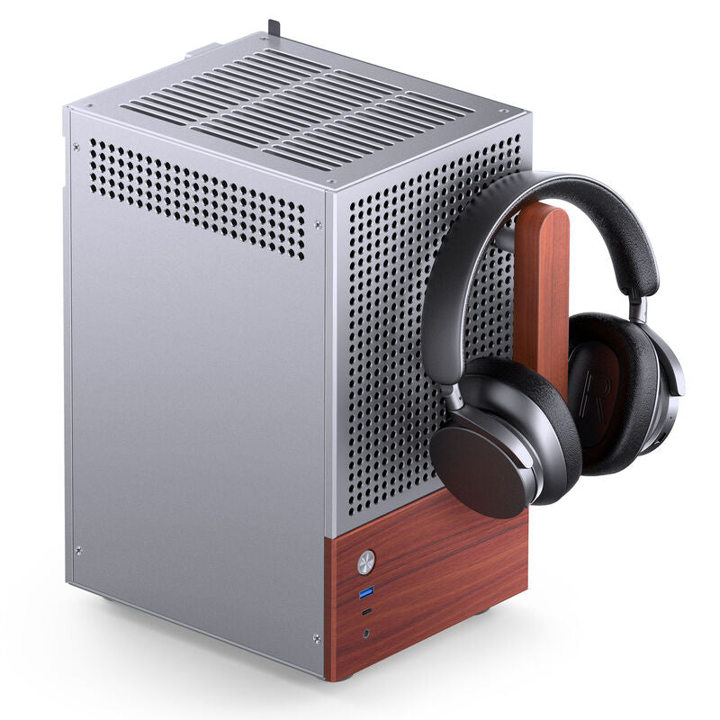 Nærbilde av herdet glass sidepanel på Jonsbo T6 kabinett Mini-ITX herdet glass valnøtt sølv