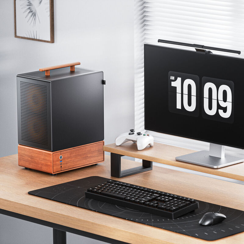 Detalj av Jonsbo T7 kabinett midtårn mATX herdet glass svart aluminium og tre