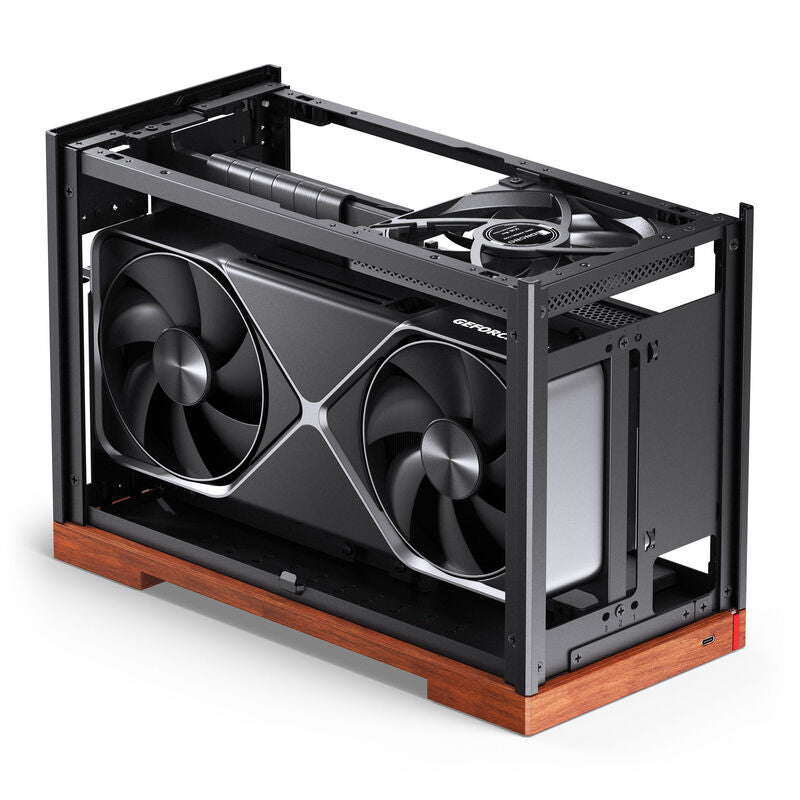 Nærbilde av ventilasjon på Jonsbo T9 Black Mini-ITX kabinett PCIe 5.0 riserkabel svart