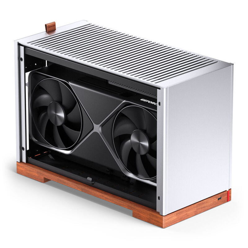 Detaljbilde av PCIe 5.0 riserkabel i Jonsbo T9 Mini-ITX kabinett sølv