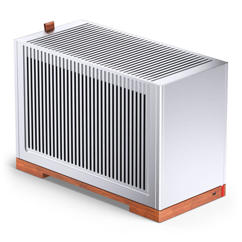 Nærbilde av Jonsbo T9 Mini-ITX kabinett PCIe 5.0 riserkabel sølv ventilasjon