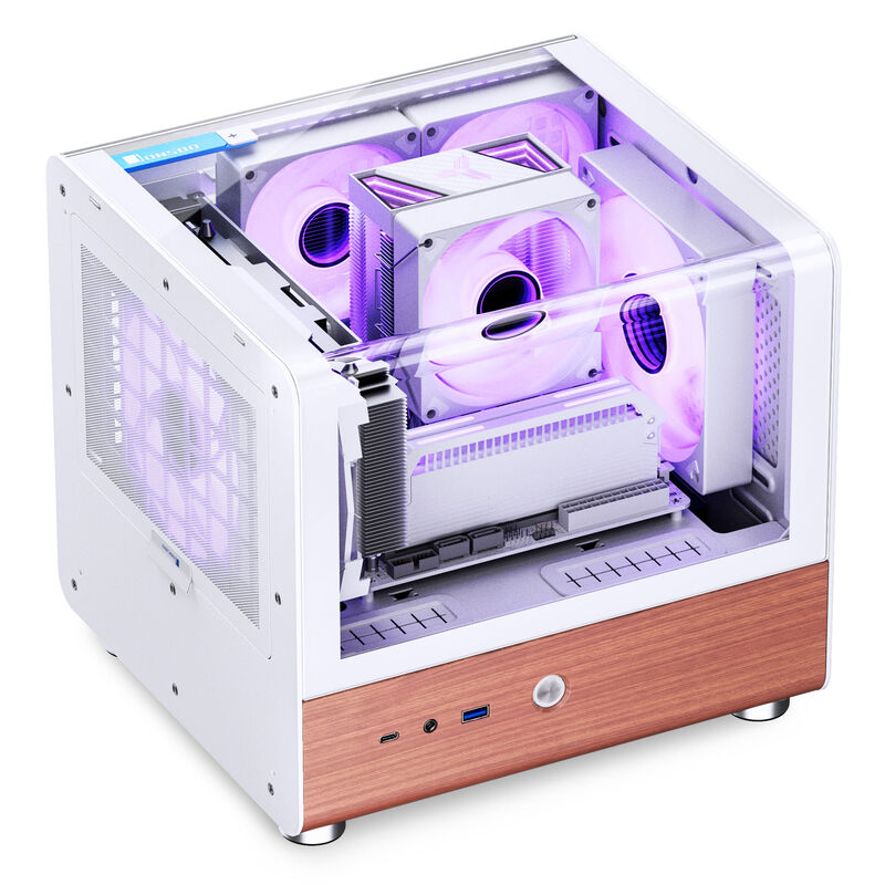 Jonsbo TK-0 kabinett minitårn Mini-ITX herdet glass hvit montert med komponenter
