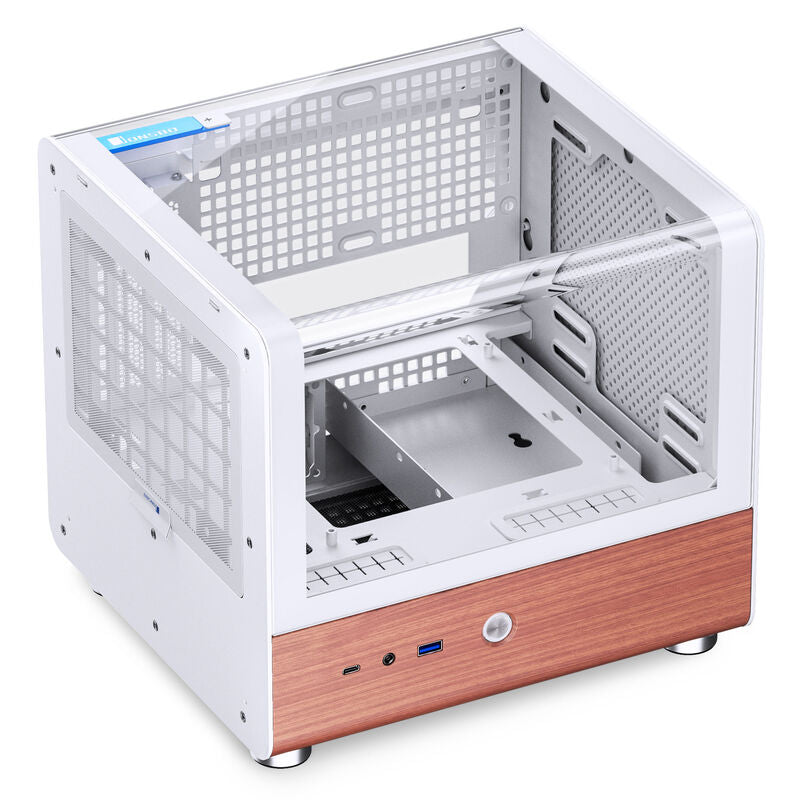 Jonsbo TK-0 kabinett minitårn Mini-ITX herdet glass hvit nærbilde av frontpanel