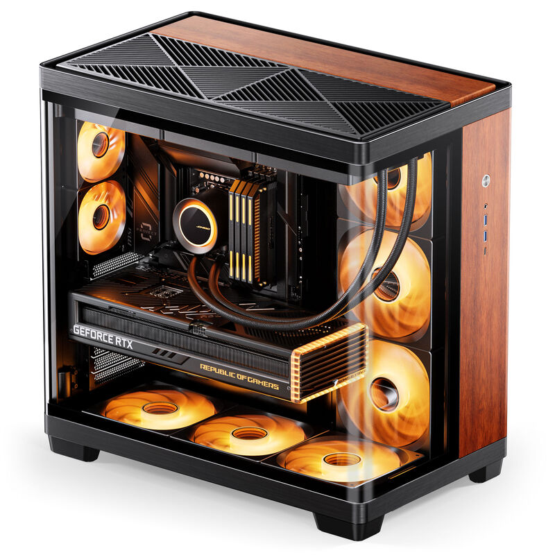 Detalj av tre og glass på Jonsbo TK-4 Wood kabinett