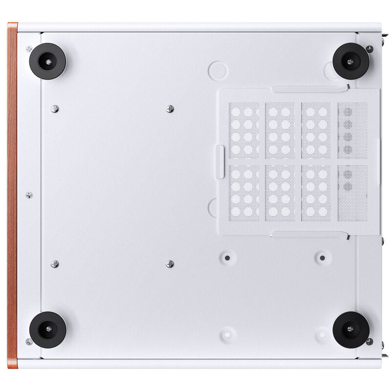Detalj av Jonsbo V12 kabinett minitårn Micro-ATX herdet glass hvit