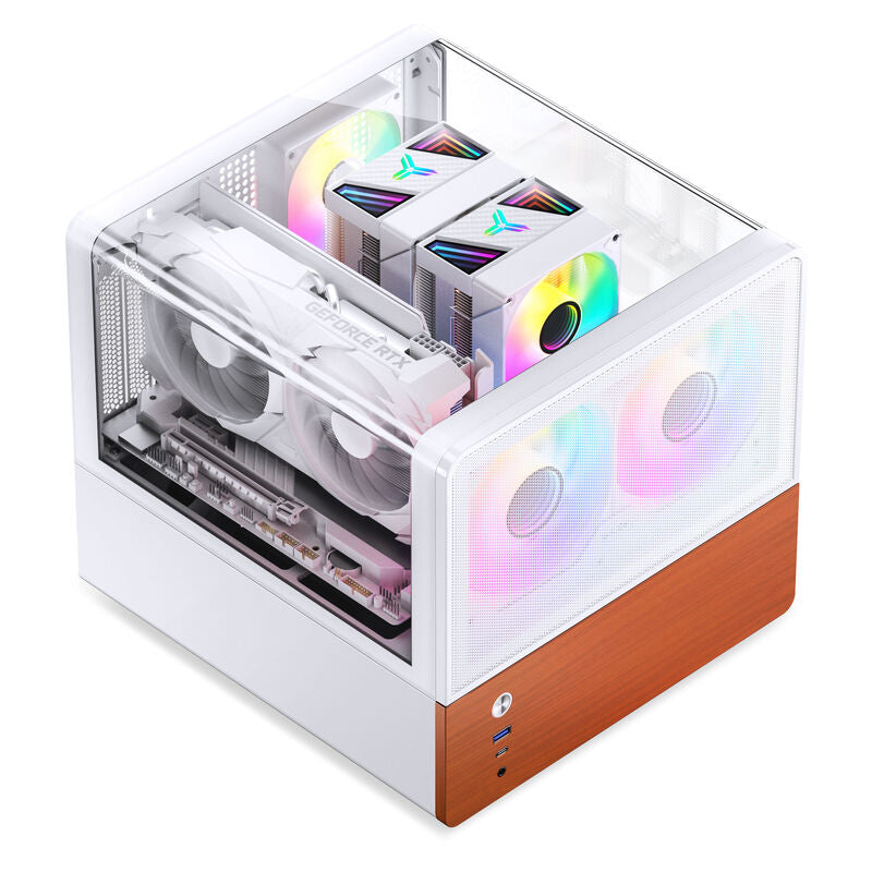 Nærbilde av Jonsbo V12 kabinett minitårn Micro-ATX herdet glass hvit