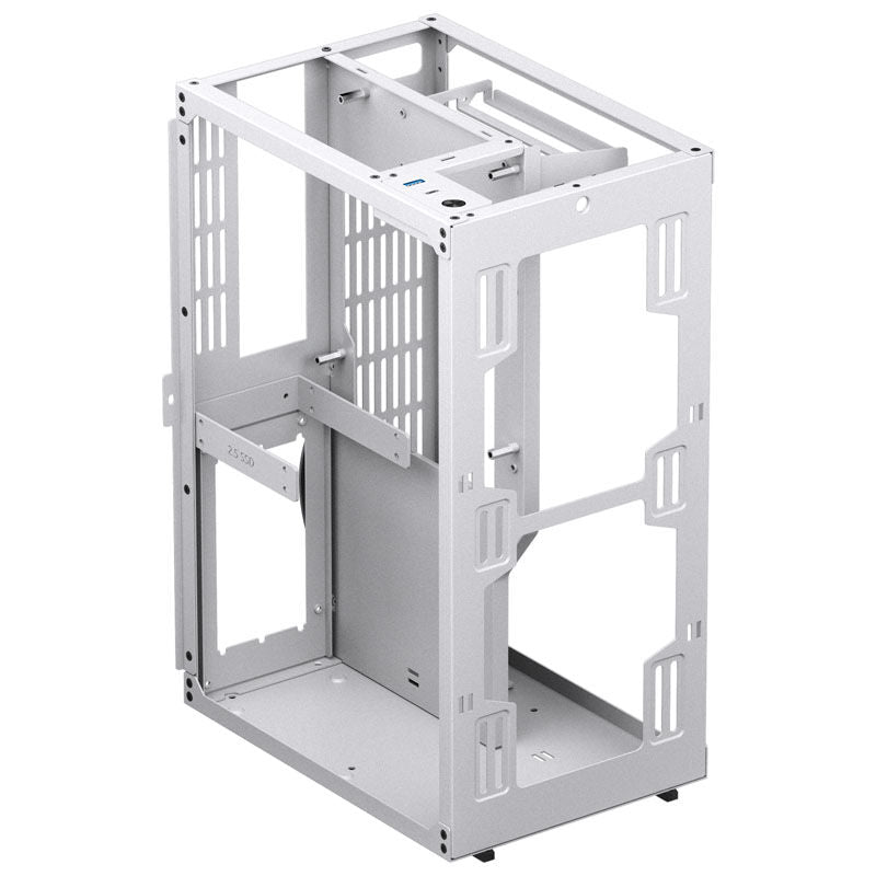 Nærbilde av Jonsbo VR3 Mini-ITX kabinett PCIe 4.0 hvit frontpanel