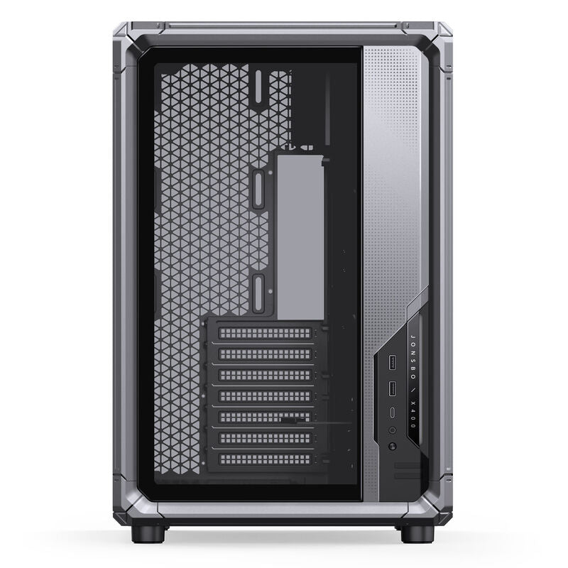 Detalj av Jonsbo X400 kabinett midtårn ATX herdet glass grå panel
