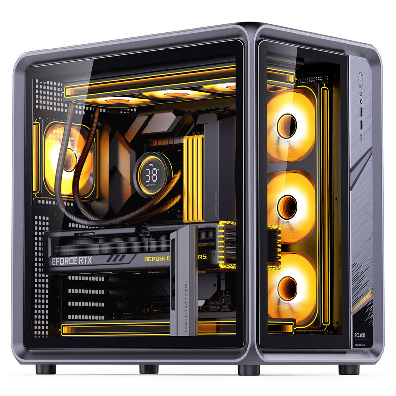 Jonsplus BO400 kabinett midtårn ATX herdet glass grå forfra
