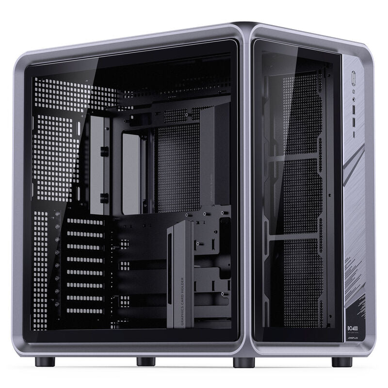 Jonsplus BO400 kabinett midtårn ATX herdet glass grå bakside