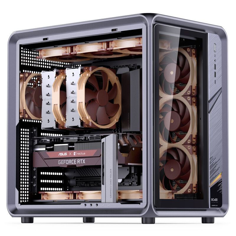 Detalj av Jonsplus BO400 kabinett midtårn ATX herdet glass grå