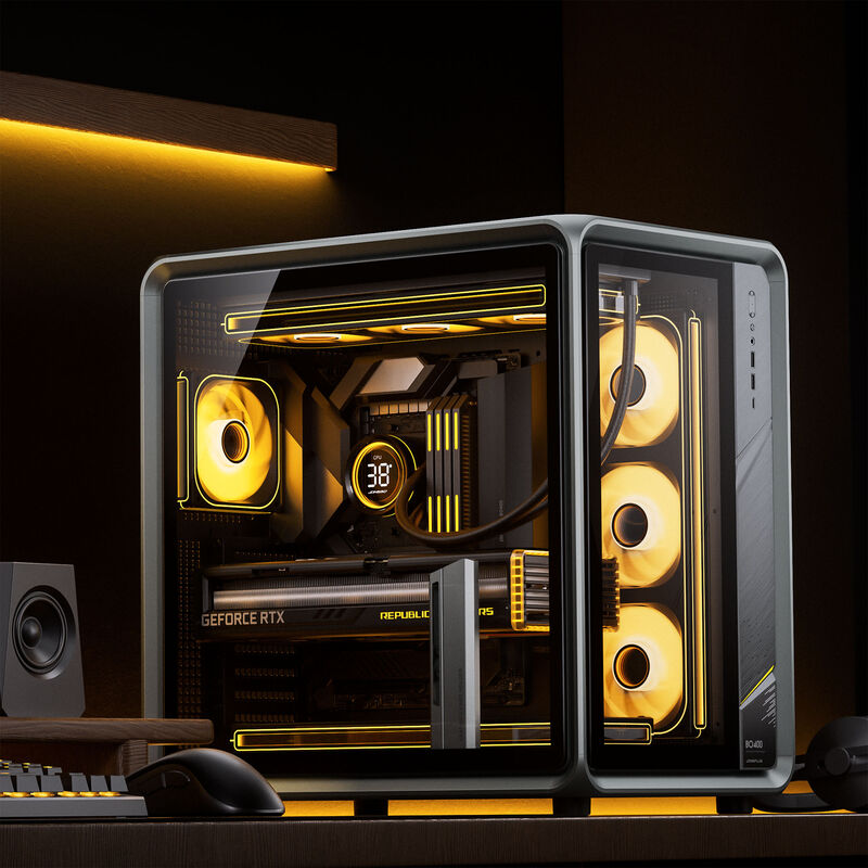 Jonsplus BO400 kabinett midtårn ATX herdet glass grå montert med hardware