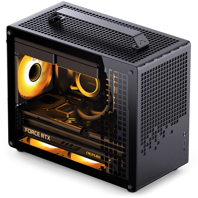 Jonsplus Z20 Micro-ATX kabinett med bærehåndtak svart montert i skrivebordsmiljø