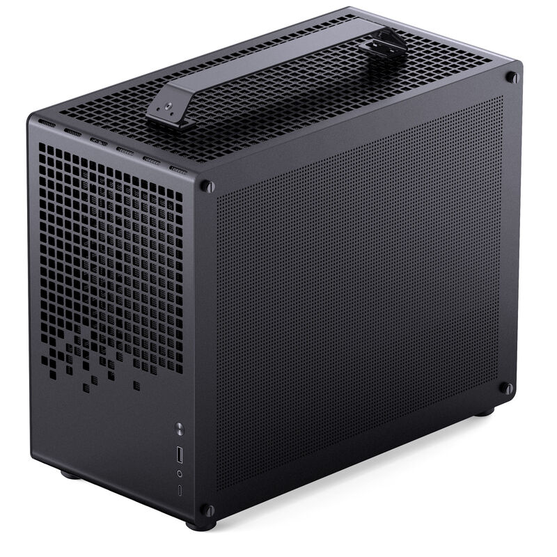 Jonsplus Z20 Micro-ATX kabinett med bærehåndtak svart nærbilde av frontpanel