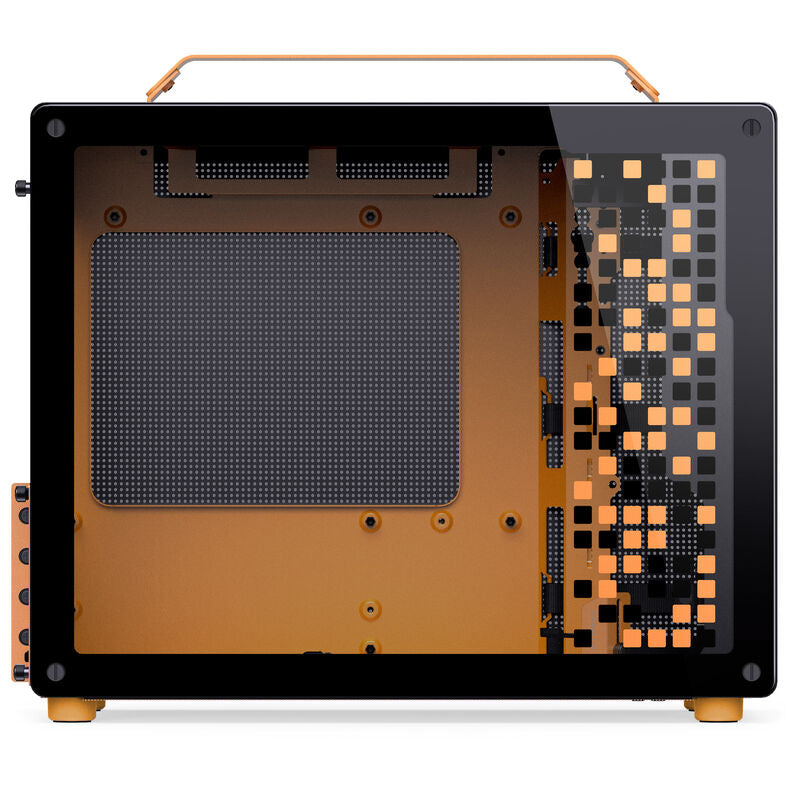 Nærbilde av bærehåndtak på Jonsplus Z20 Micro-ATX kabinett svart/orange