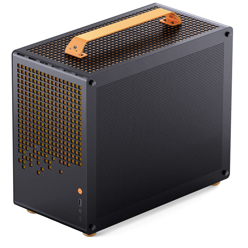 Detalj av perforert front på Jonsplus Z20 Micro-ATX kabinett svart/orange