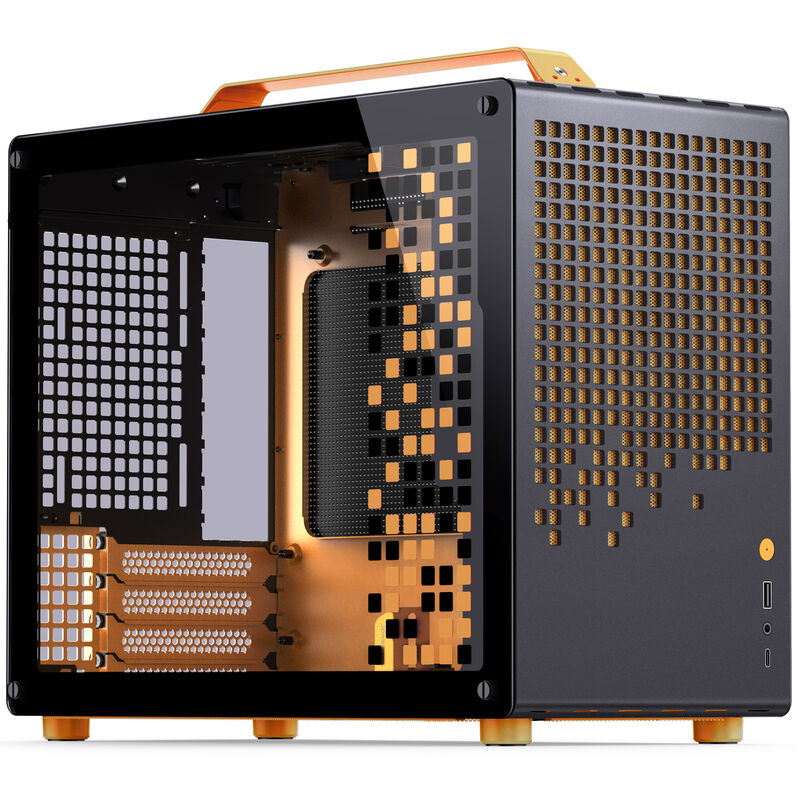 Jonsplus Z20 Micro-ATX kabinett med bærehåndtak svart/orange forfra