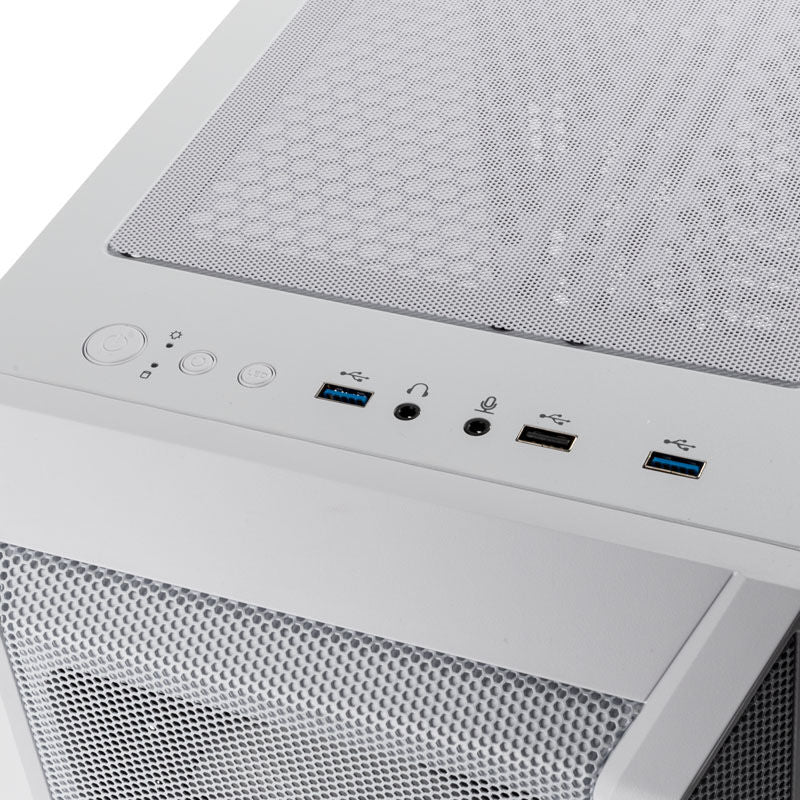 Nærbilde av mesh-front på Kolink Citadel Mesh RGB kabinett Micro-ATX hvit