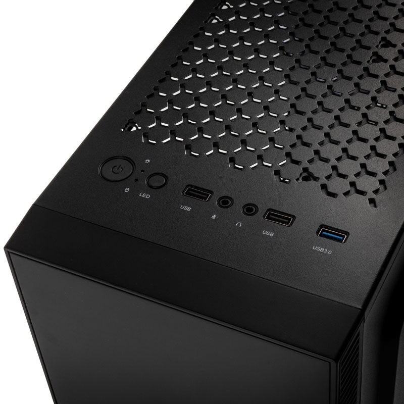 Nærbilde av USB-porter og RGB-kontroll på Kolink Inspire K9 ARGB kabinett