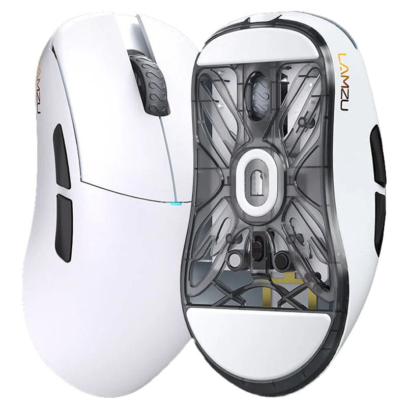 Lamzu Atlantis MINI 8K Champion Edition trådløs gamingmus hvit montert på skrivebord