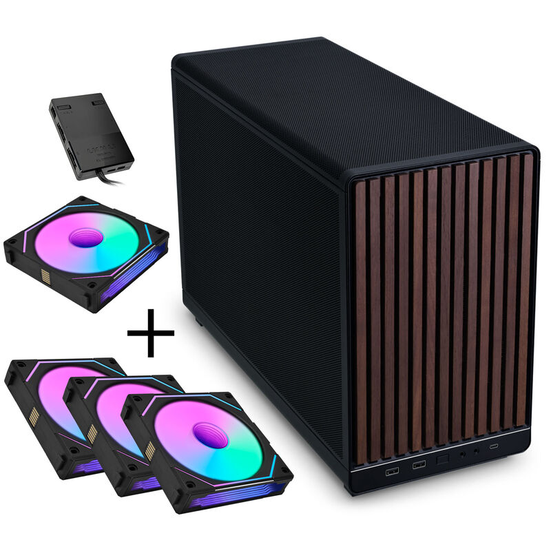Lian Li DAN Cases A3-mATX kabinett valnøtt svart forfra