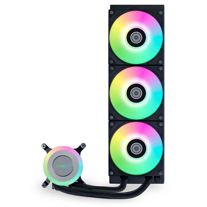 Detalj av Lian Li GA II Lite RGB AIO vannkjøling 360 mm svart pumpe