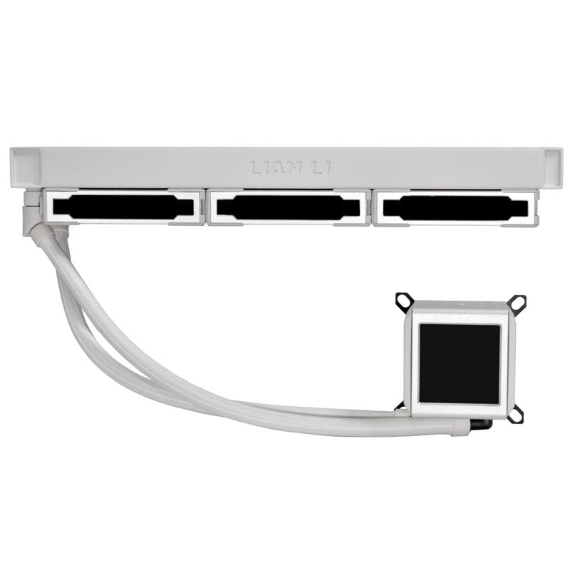 Detalj av Lian Li Galahad II LCD 360 SL-INF AIO vannkjøling hvit pumpeskjerm