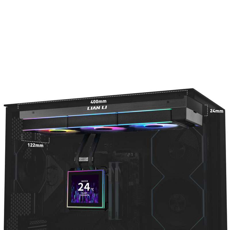 Detalj av RGB-vifter på Lian Li HydroShift II LCD-S 360CL